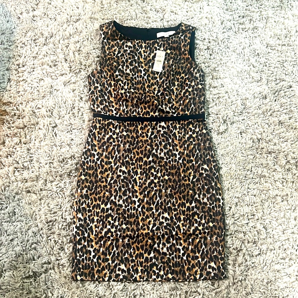 LOFT NWT SZ. 4P Cheetah Print woven Sleeves Dress w/ grosgrain ribbon waist